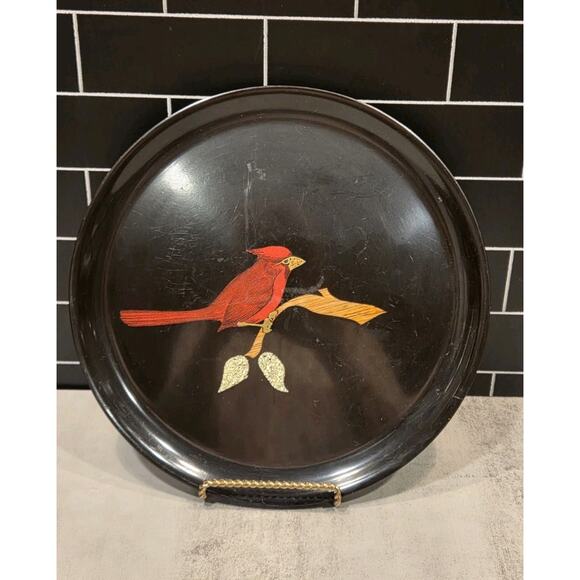 Couroc of Monterey Red Cardinal Bird on Branch Round Black Tray Platter 10½" GUC - Picture 2 of 11